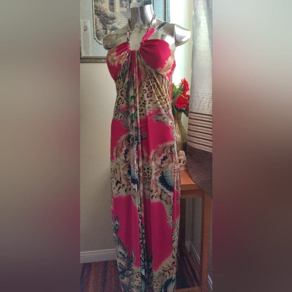 Pink Maxi Halter Peacock Dress
